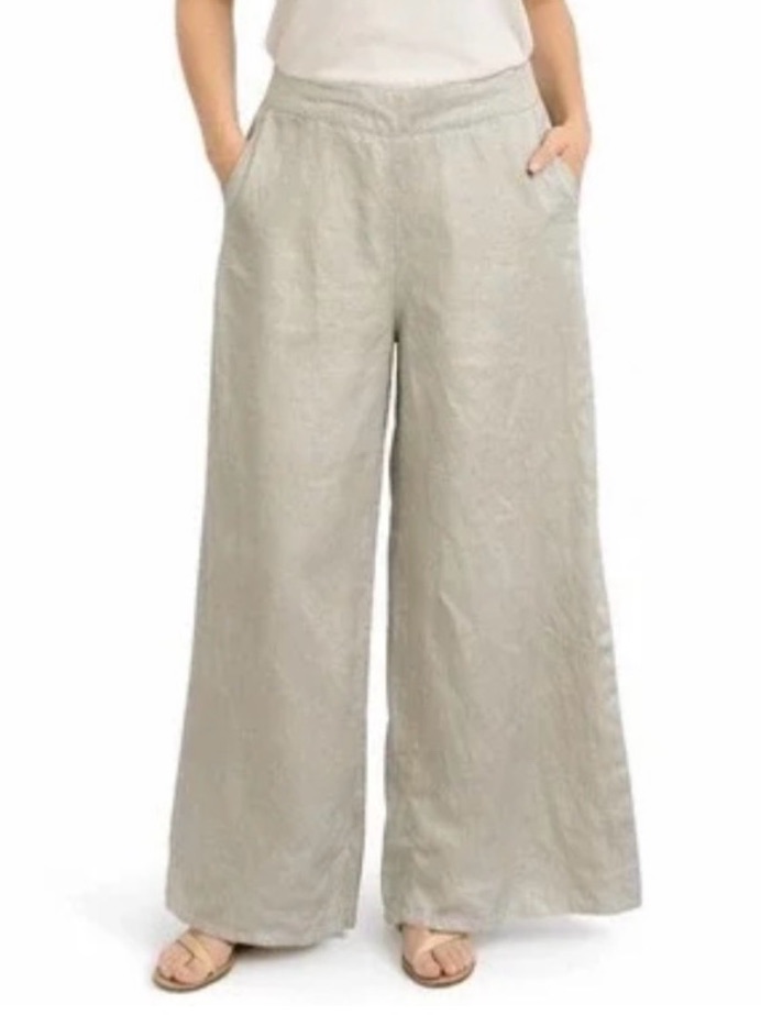 Jny | Women’s Khaki Wide-Leg Metallic Shimmer Linen Blend Pull-On Pants Size M